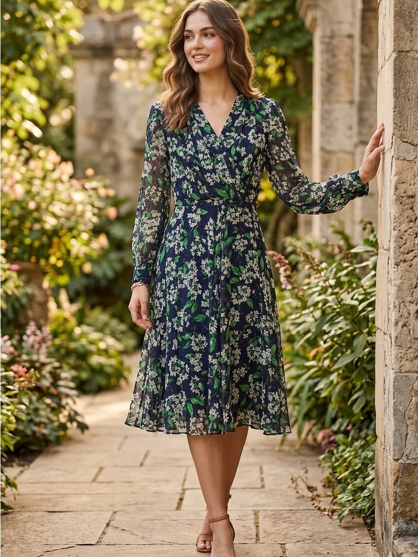 Kimijima Vintage 70s 80s Floral Chiffon Midi Dress Japan Wrapped V-Neck Dress
